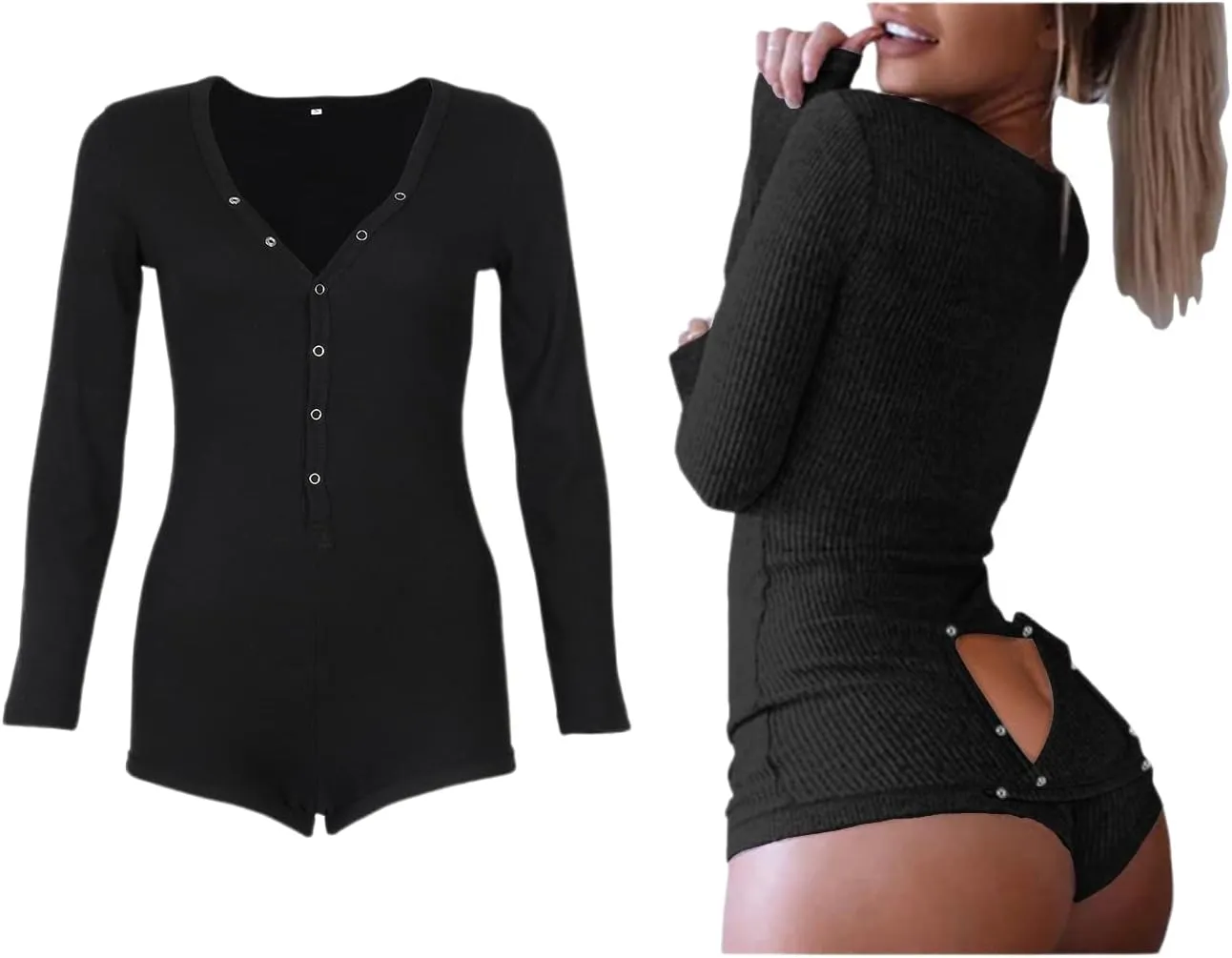 Roselux Women's Sexy Deep V Neck Shorts Long Sleeve Knitted One Piece Bodysuit Sexy Pajama Onesie Bodycon Rompers Overall