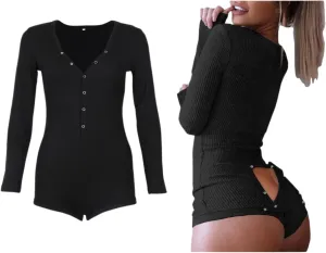 Roselux Women's Sexy Deep V Neck Shorts Long Sleeve Knitted One Piece Bodysuit Sexy Pajama Onesie Bodycon Rompers Overall