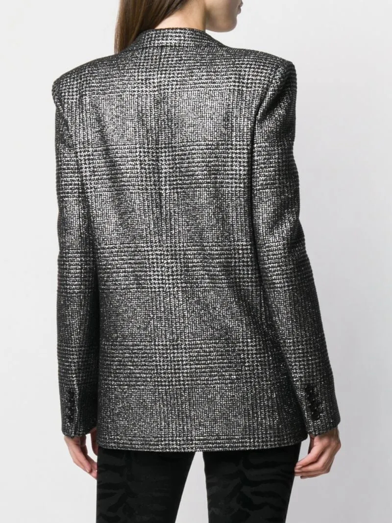 Saint Laurent Metallic Houndstooth Checked Single-Breasted Blazer