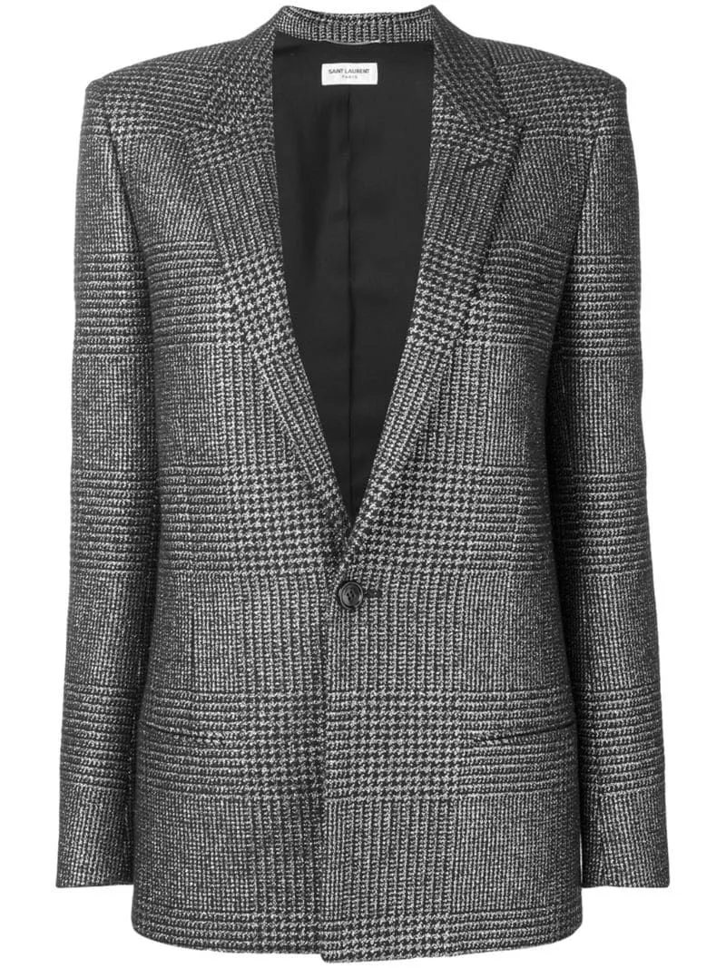 Saint Laurent Metallic Houndstooth Checked Single-Breasted Blazer