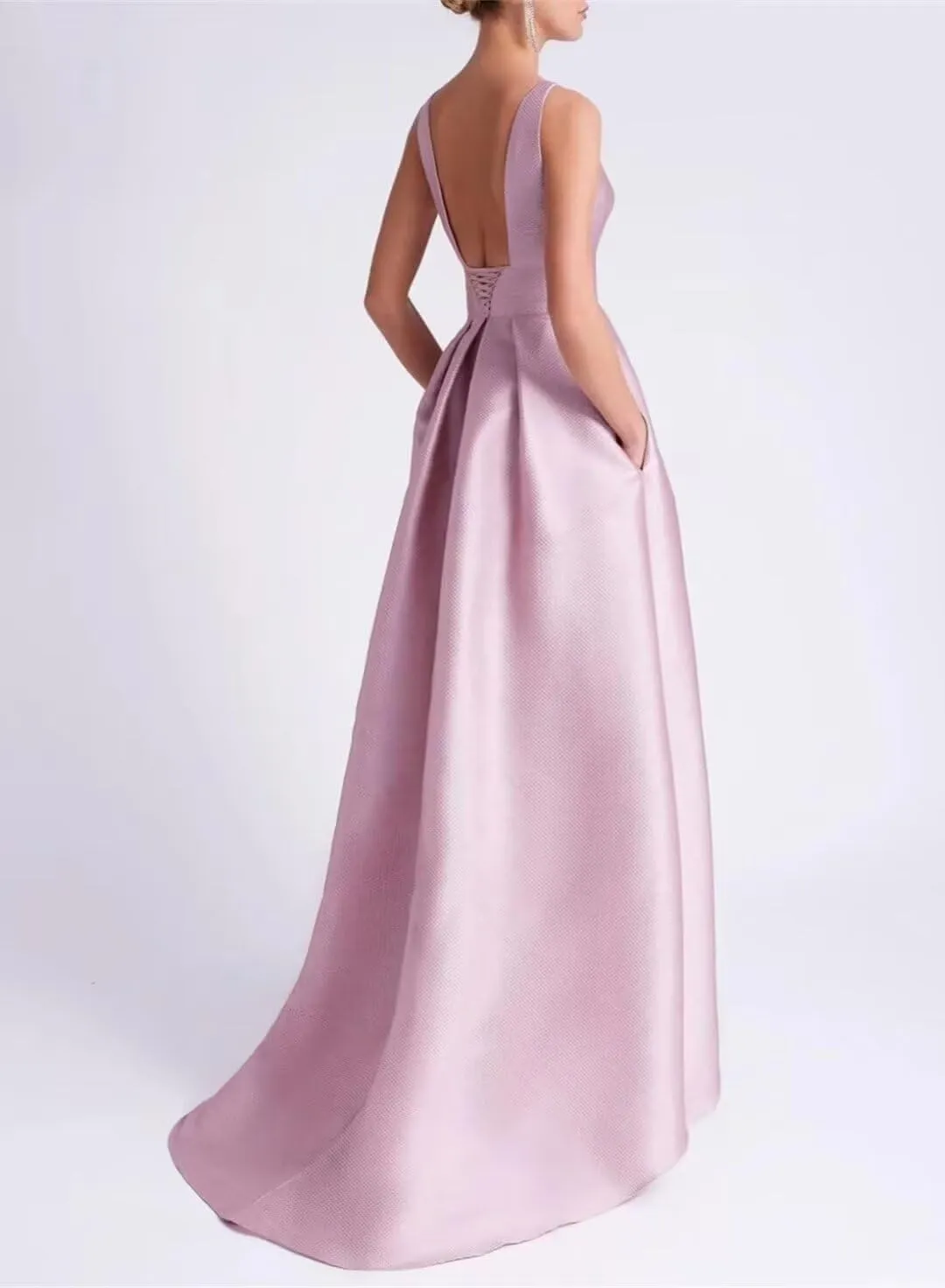 Satin Hi-Low Mother of The Bride Dresses Crew Neck Formal Dress A Line Elegance Wedding Guest Dress with Pockets