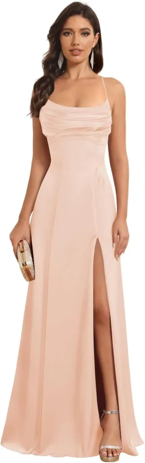 Satin Long Bridesmaid Dresses with Slit for Women Aline Corset Prom Dress PU078