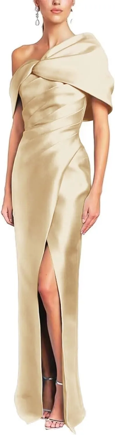 Satin Mother of The Bride Dresses for Wedding One Shoulder Long Mermaid Prom Formal Evening Gown with Bow MA06