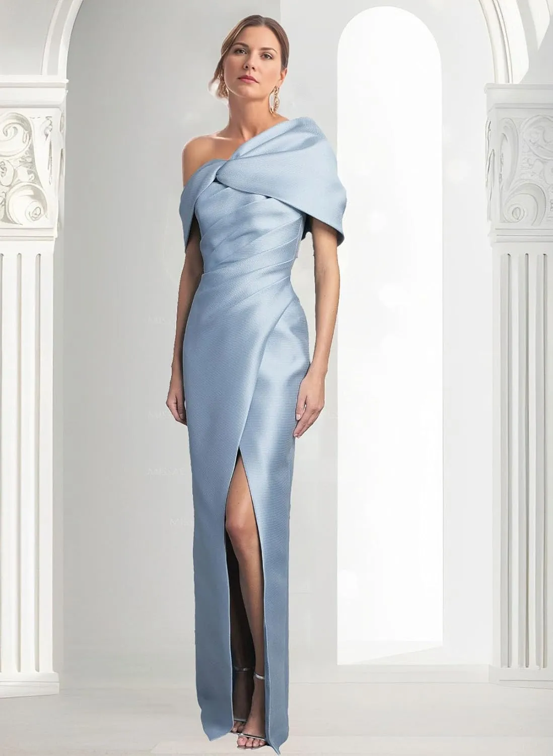 Satin Mother of The Bride Dresses for Wedding One Shoulder Long Mermaid Prom Formal Evening Gown with Bow MA06