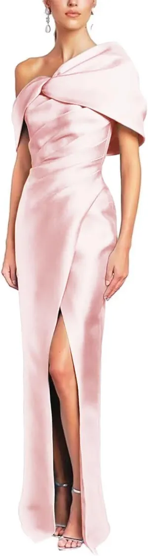 Satin Mother of The Bride Dresses for Wedding One Shoulder Long Mermaid Prom Formal Evening Gown with Bow MA06