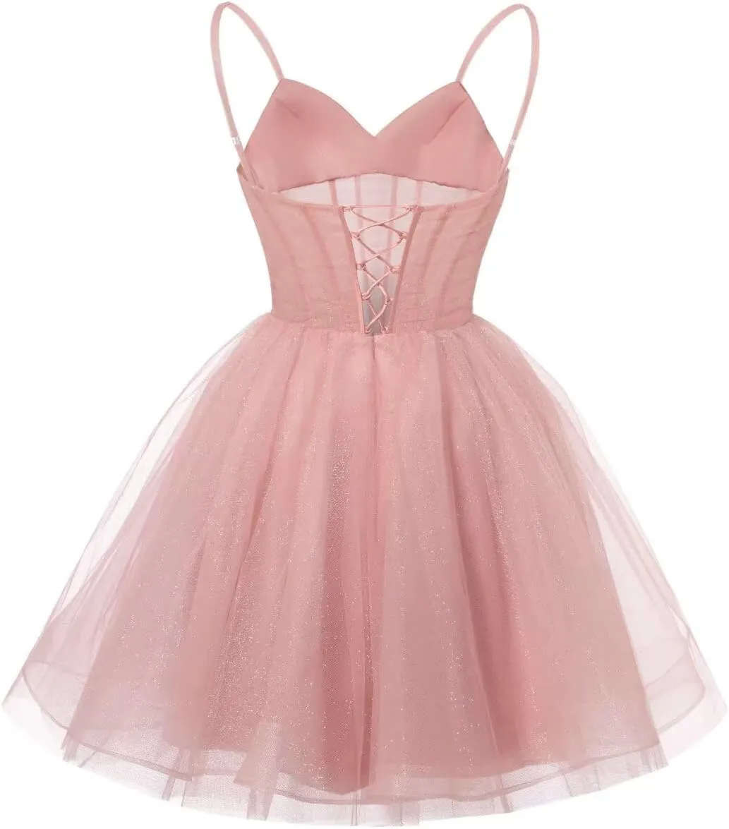 SEIM Women's V Neck Spaghetti Straps Tulle Homecoming Dresses with Corset Back Short Prom Gowns for Teens SE084