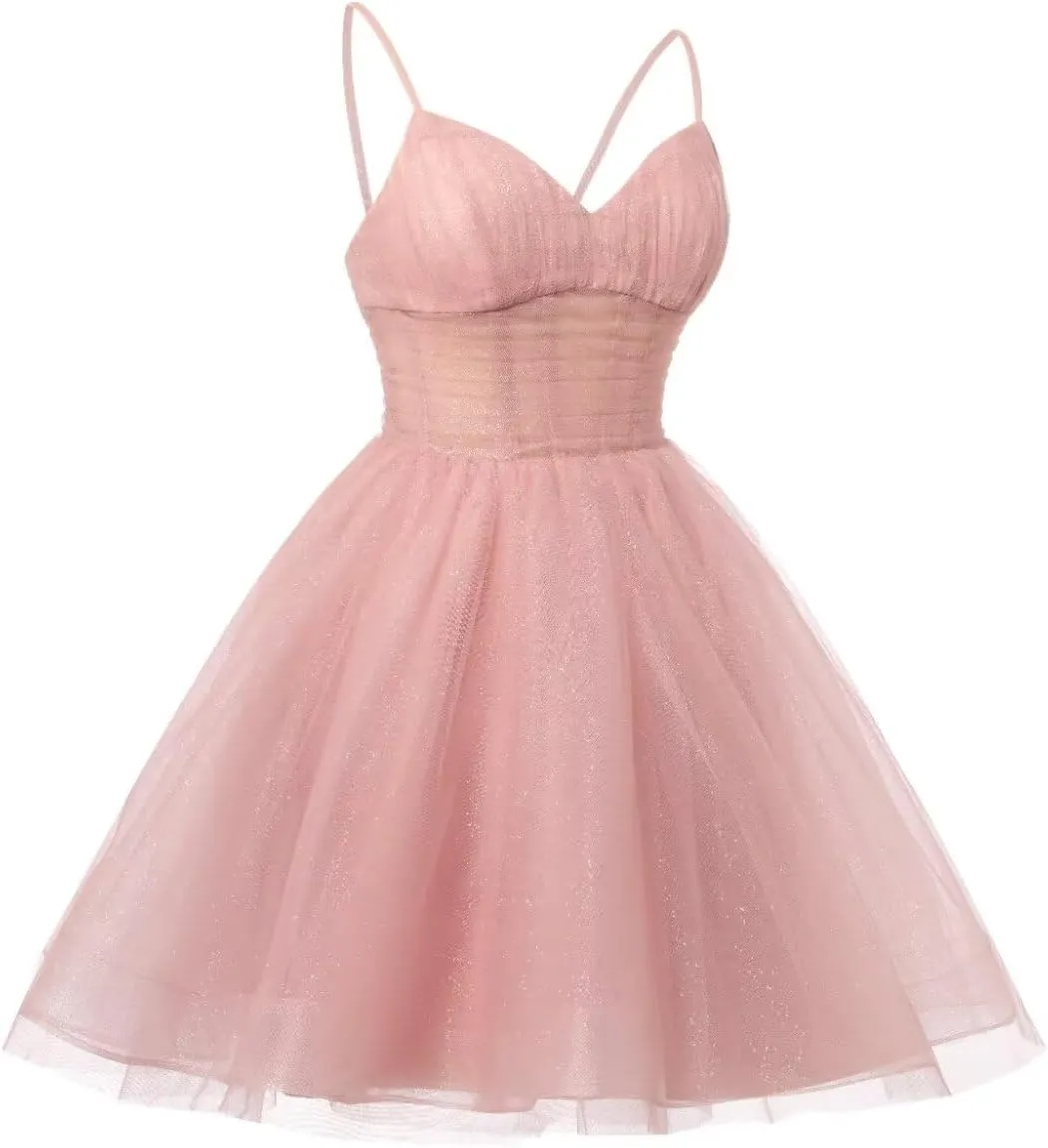 SEIM Women's V Neck Spaghetti Straps Tulle Homecoming Dresses with Corset Back Short Prom Gowns for Teens SE084