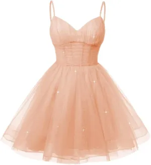 SEIM Women's V Neck Spaghetti Straps Tulle Homecoming Dresses with Corset Back Short Prom Gowns for Teens SE084