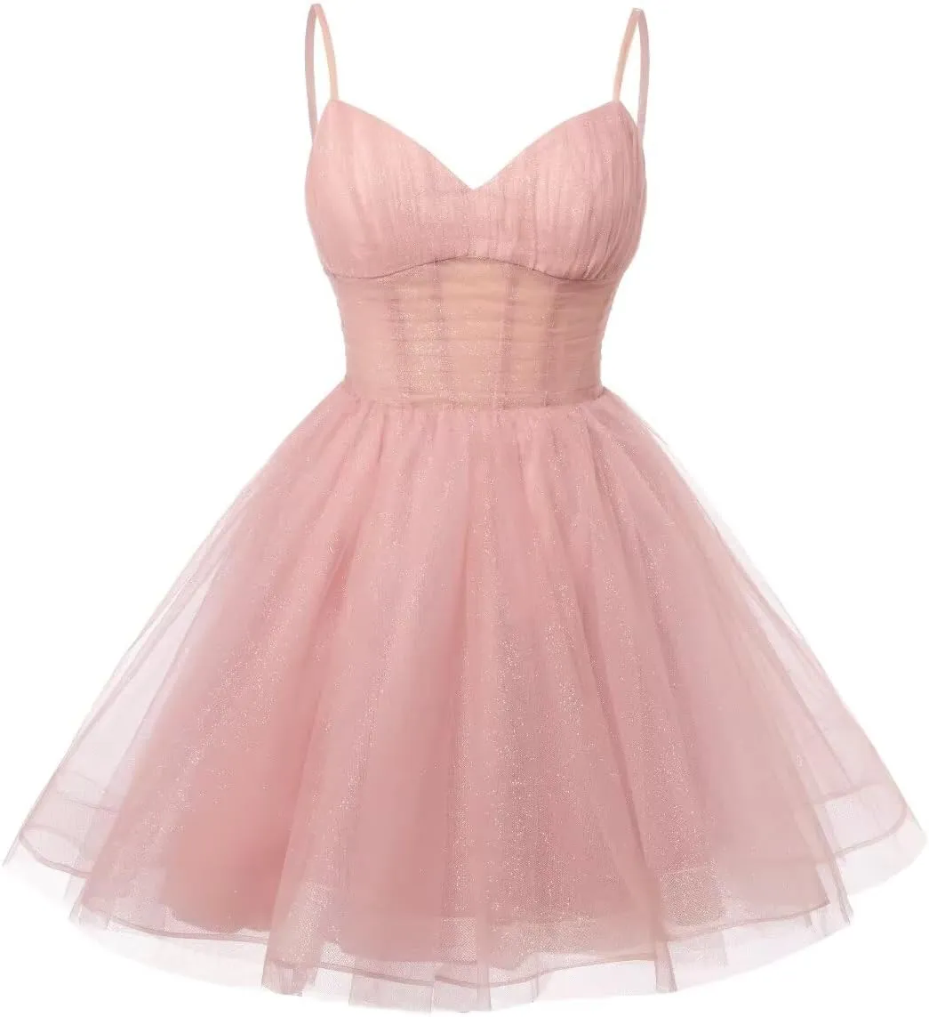 SEIM Women's V Neck Spaghetti Straps Tulle Homecoming Dresses with Corset Back Short Prom Gowns for Teens SE084