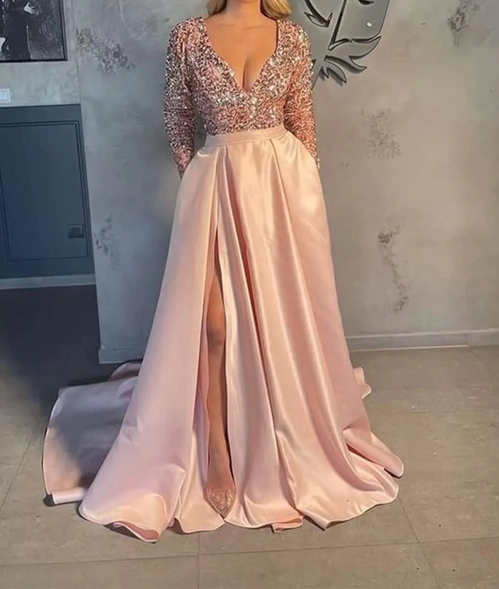 Sequins Long Sleeve Prom Dresses with Pockets Lace up V Neck Side Satin Long Formal Party Gowns