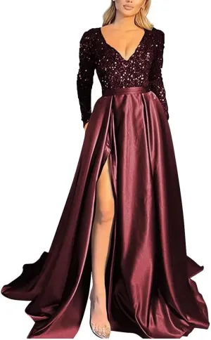 Sequins Long Sleeve Prom Dresses with Pockets Lace up V Neck Side Satin Long Formal Party Gowns