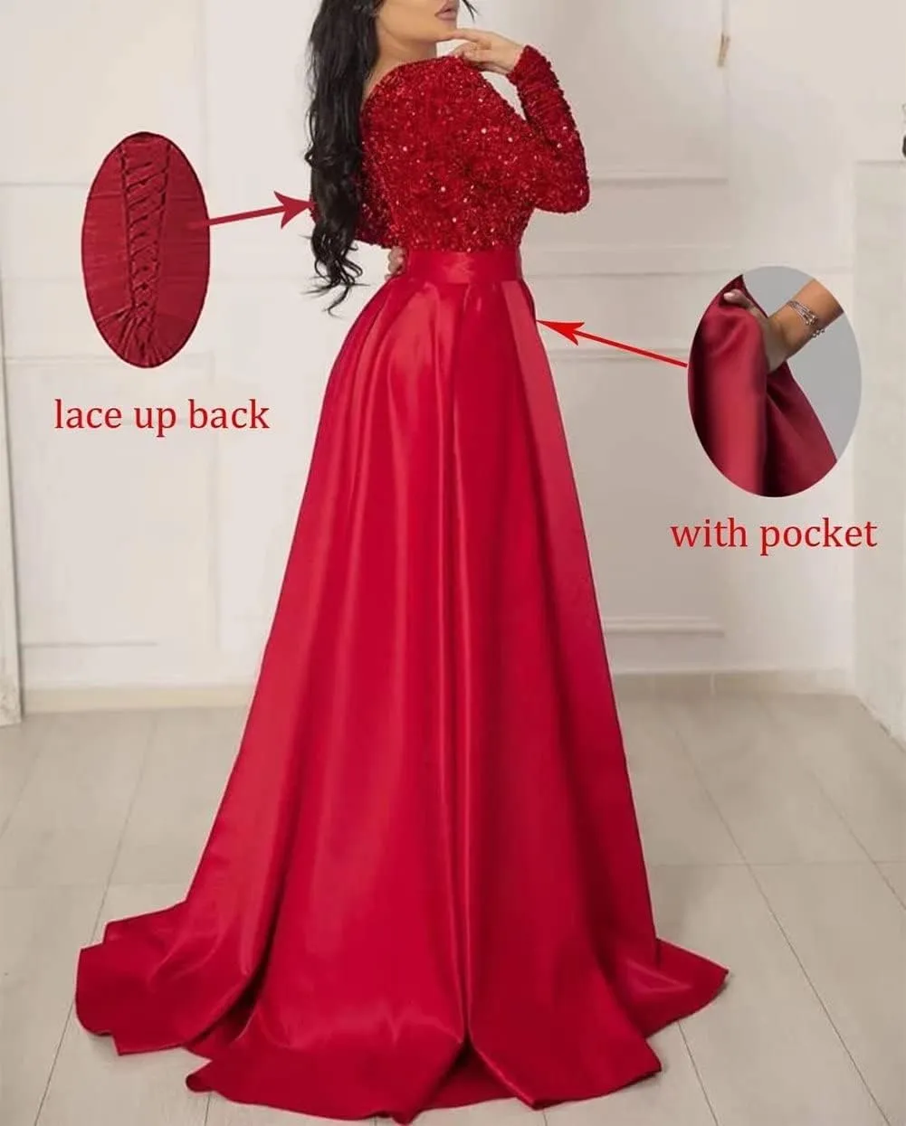 Sequins Long Sleeve Prom Dresses with Pockets Lace up V Neck Side Satin Long Formal Party Gowns