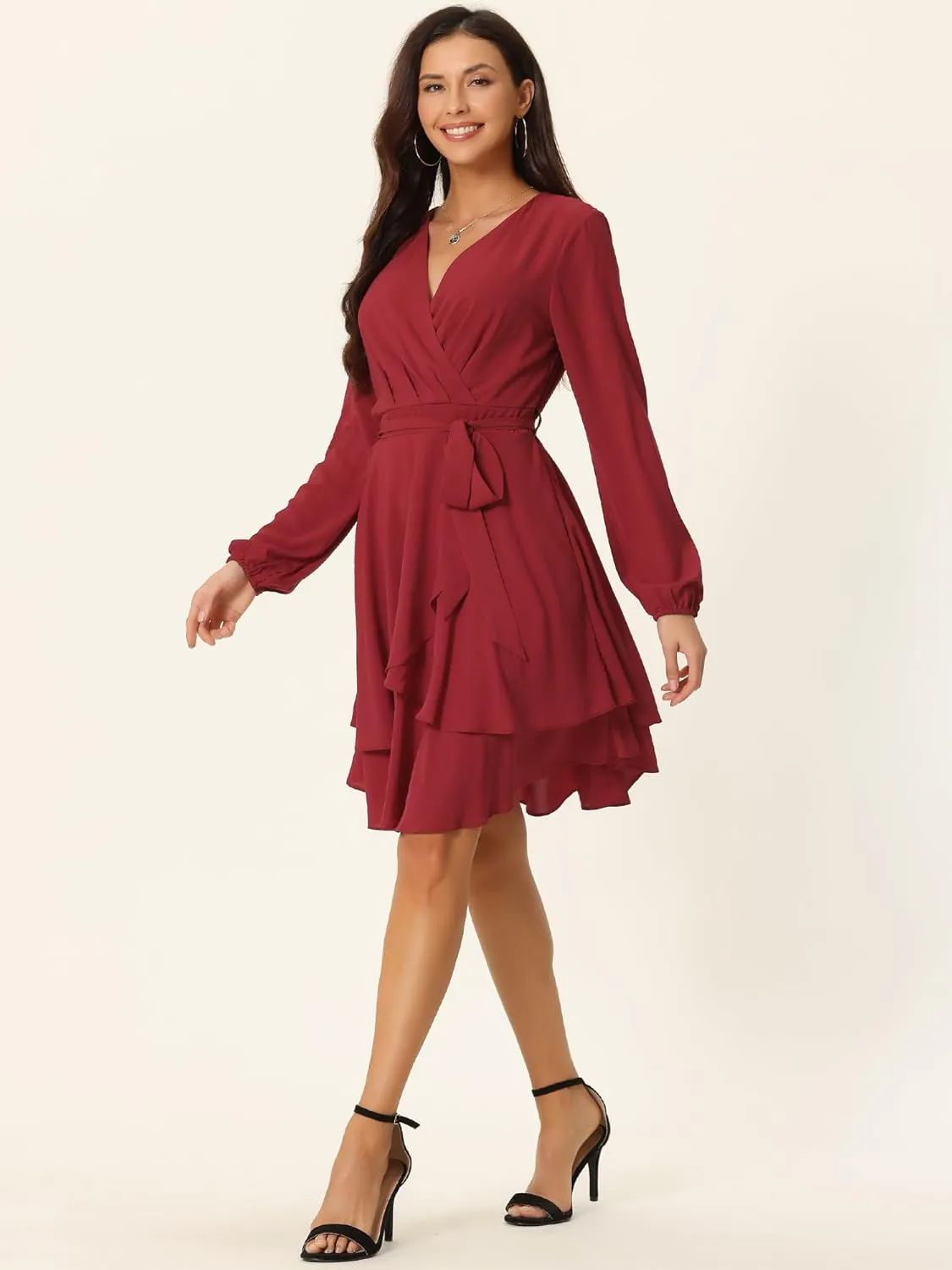 Seta T Women's Wrap V Neck Dress Long Sleeve High Waist Tie Ruffle Swing Skater Casual Dresses