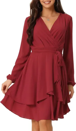 Seta T Women's Wrap V Neck Dress Long Sleeve High Waist Tie Ruffle Swing Skater Casual Dresses