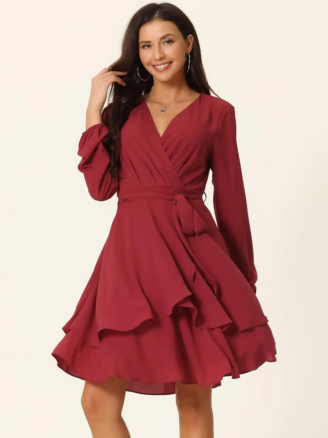 Seta T Women's Wrap V Neck Dress Long Sleeve High Waist Tie Ruffle Swing Skater Casual Dresses