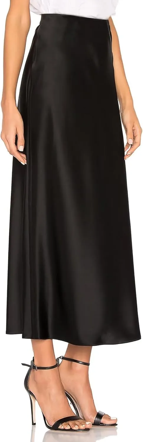 Sheface Women's Satin Silk Side Split Maxi Skirt Hidden Elasticized Waistband Flared A Line Elegant Long Skirts