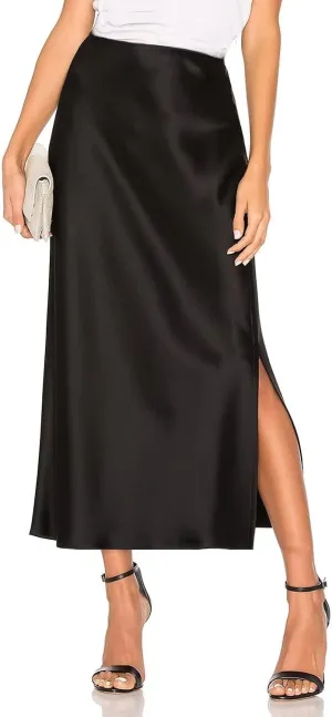 Sheface Women's Satin Silk Side Split Maxi Skirt Hidden Elasticized Waistband Flared A Line Elegant Long Skirts