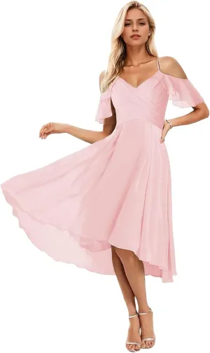 Short Bridesmaid Dresses for Women Cold Shoulder Formal Gown High Low Evening Dress with Sleeves