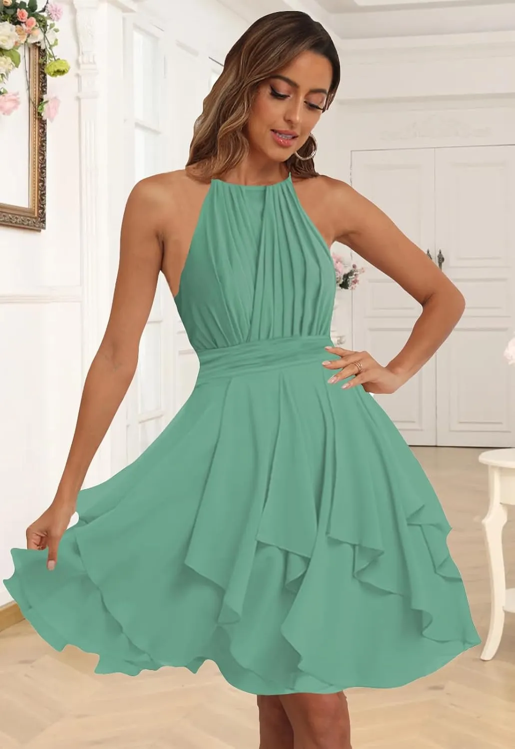 Short Halter Bridesmaid Dresses for Women Pleated Ruffle Chiffon A Line Formal Dresses Evening Gowns