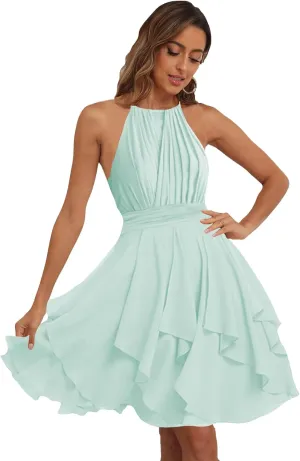 Short Halter Bridesmaid Dresses for Women Pleated Ruffle Chiffon A Line Formal Dresses Evening Gowns