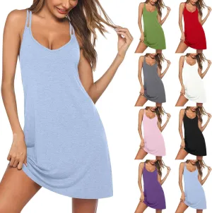 Sinzelimin Women's Summer Tank Dresses Sleeveless V-Neck Sexy Tie Strap Open Back Mini Dress Knee-Length Beach Sundress