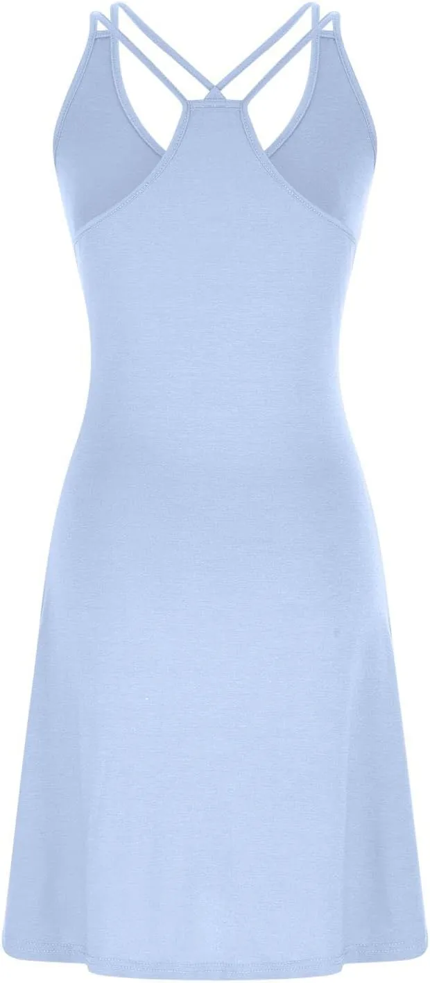 Sinzelimin Women's Summer Tank Dresses Sleeveless V-Neck Sexy Tie Strap Open Back Mini Dress Knee-Length Beach Sundress