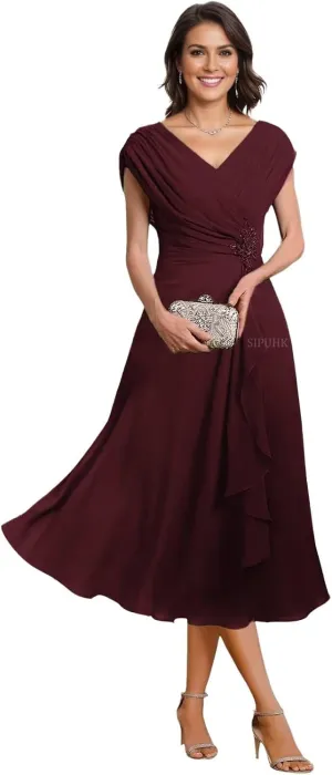 SIPUHK Classy Mother of The Bride Dresses for Wedding Tea Length Pleated Chiffon Beaded Cap Sleeve Formal Dress for Women