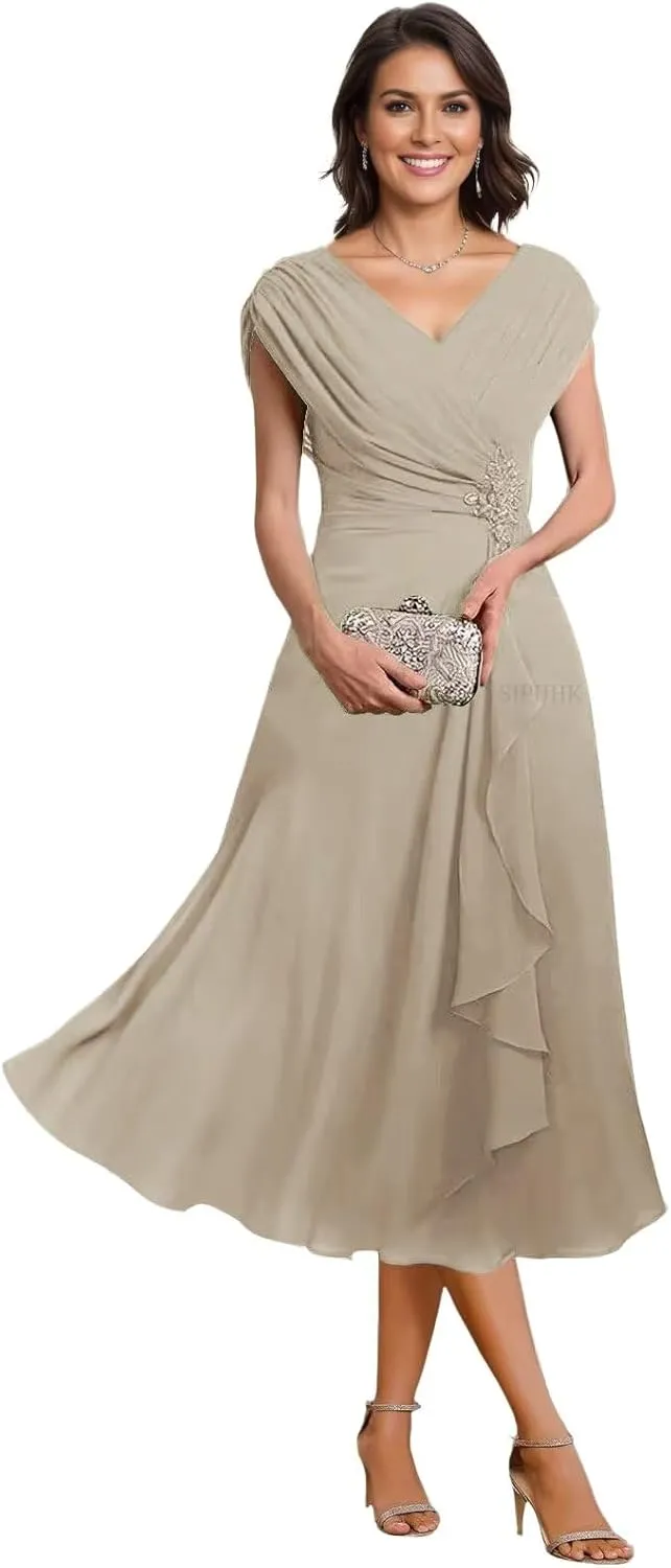 SIPUHK Classy Mother of The Bride Dresses for Wedding Tea Length Pleated Chiffon Beaded Cap Sleeve Formal Dress for Women
