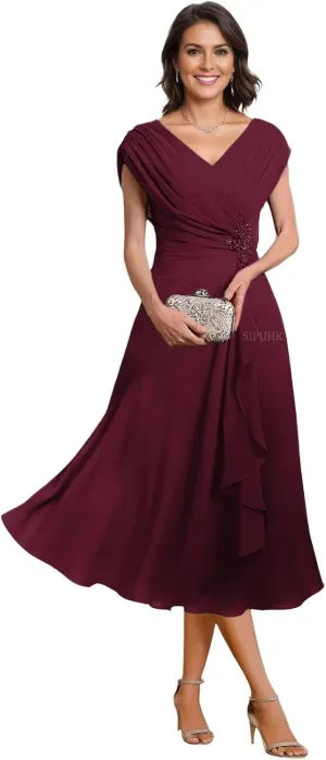 SIPUHK Classy Mother of The Bride Dresses for Wedding Tea Length Pleated Chiffon Beaded Cap Sleeve Formal Dress for Women