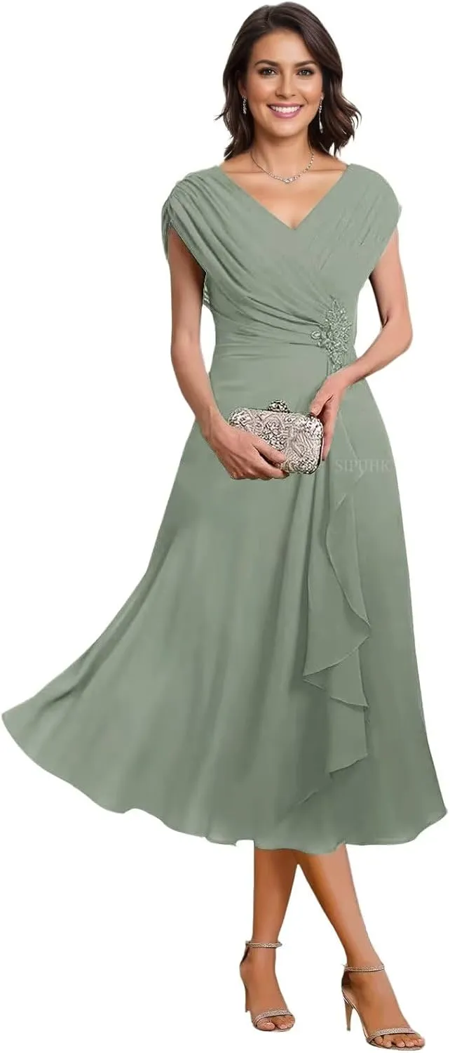 SIPUHK Classy Mother of The Bride Dresses for Wedding Tea Length Pleated Chiffon Beaded Cap Sleeve Formal Dress for Women