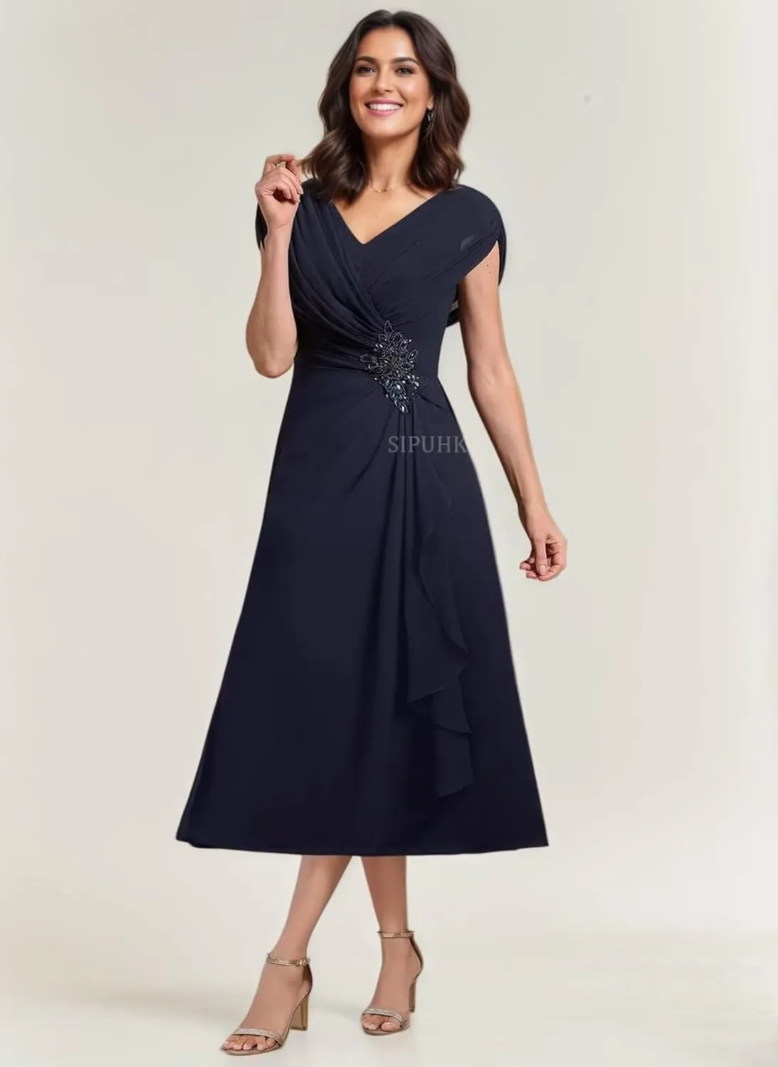 SIPUHK Classy Mother of The Bride Dresses for Wedding Tea Length Pleated Chiffon Beaded Cap Sleeve Formal Dress for Women