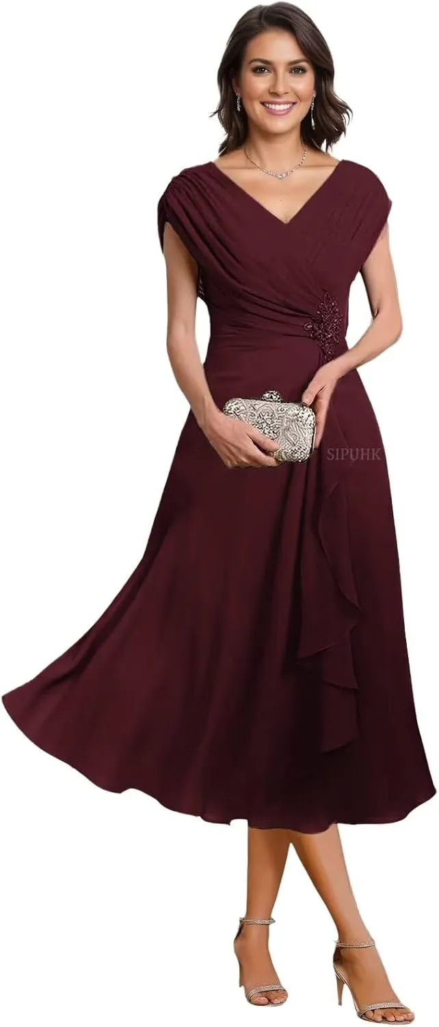 SIPUHK Classy Mother of The Bride Dresses for Wedding Tea Length Pleated Chiffon Beaded Cap Sleeve Formal Dress for Women