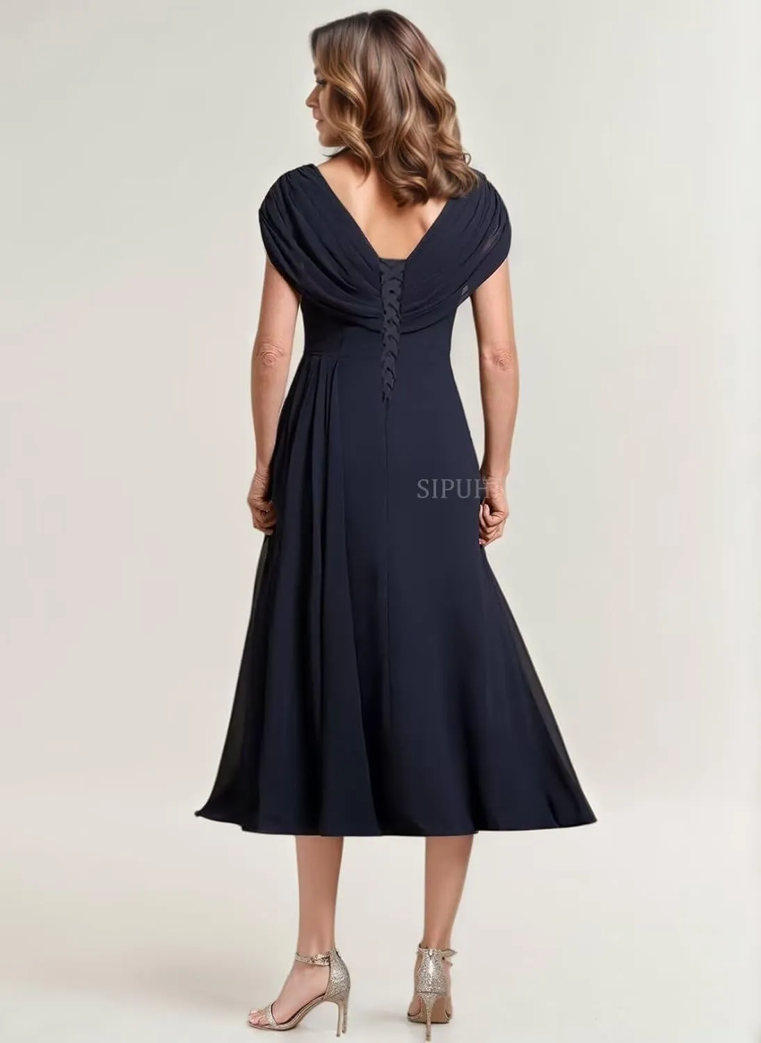 SIPUHK Classy Mother of The Bride Dresses for Wedding Tea Length Pleated Chiffon Beaded Cap Sleeve Formal Dress for Women
