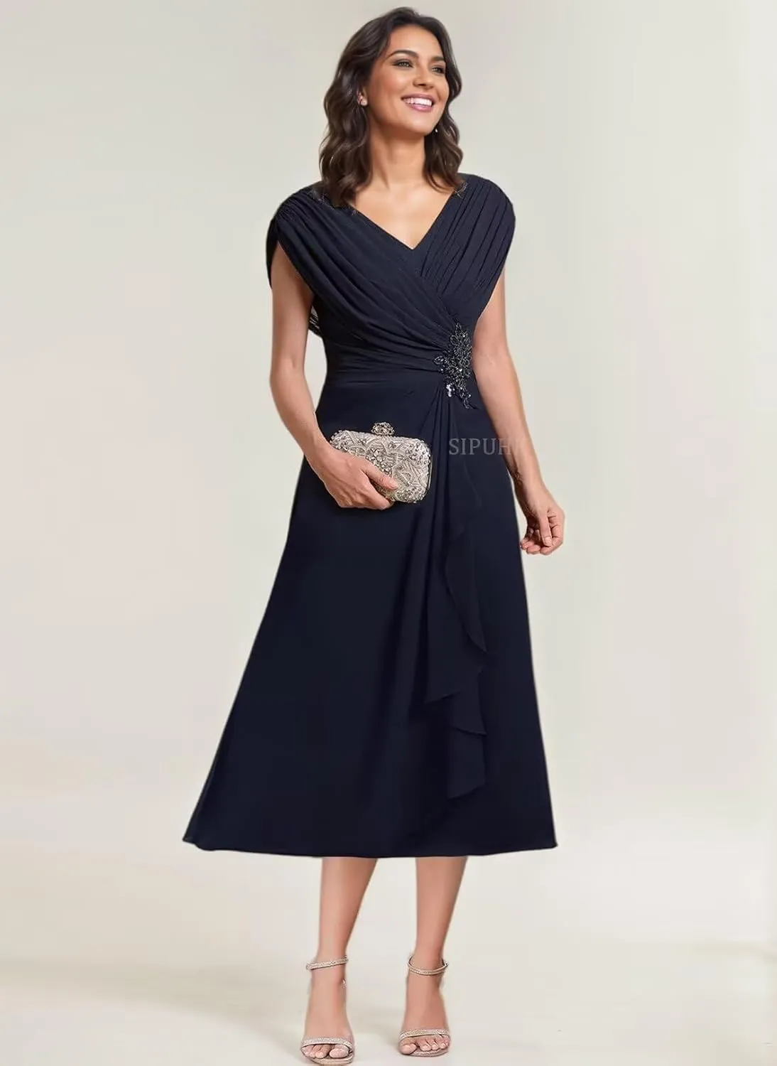 SIPUHK Classy Mother of The Bride Dresses for Wedding Tea Length Pleated Chiffon Beaded Cap Sleeve Formal Dress for Women