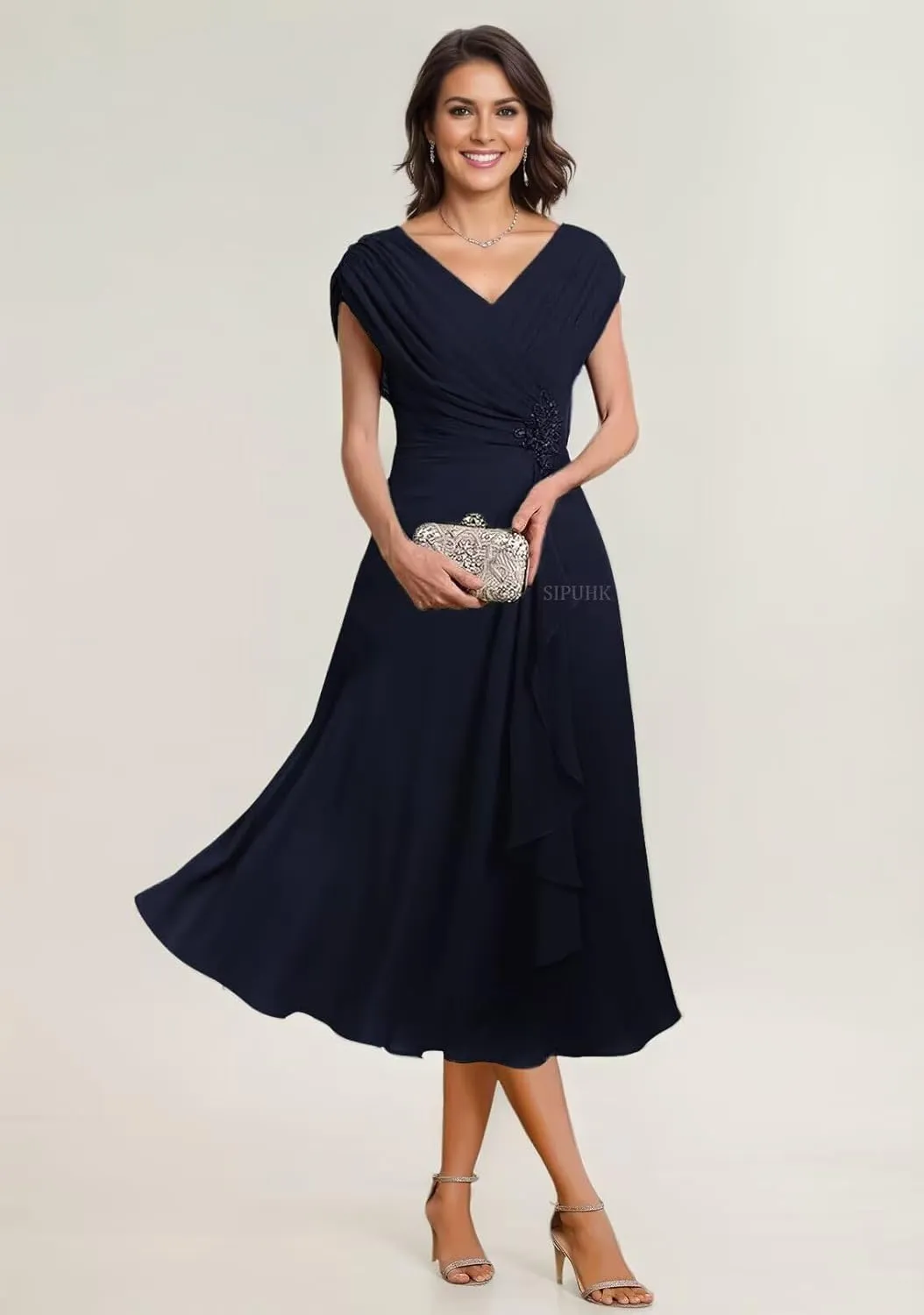 SIPUHK Classy Mother of The Bride Dresses for Wedding Tea Length Pleated Chiffon Beaded Cap Sleeve Formal Dress for Women