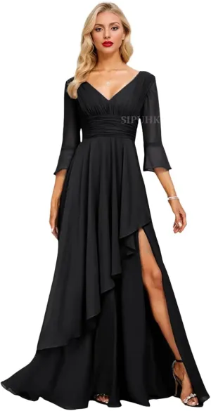 SIPUHK Elegant Mother of The Bride Dresses for Women 3/4 Sleeve Formal Dress with Slit Chiffon Bridesmaid Dress for Wedding