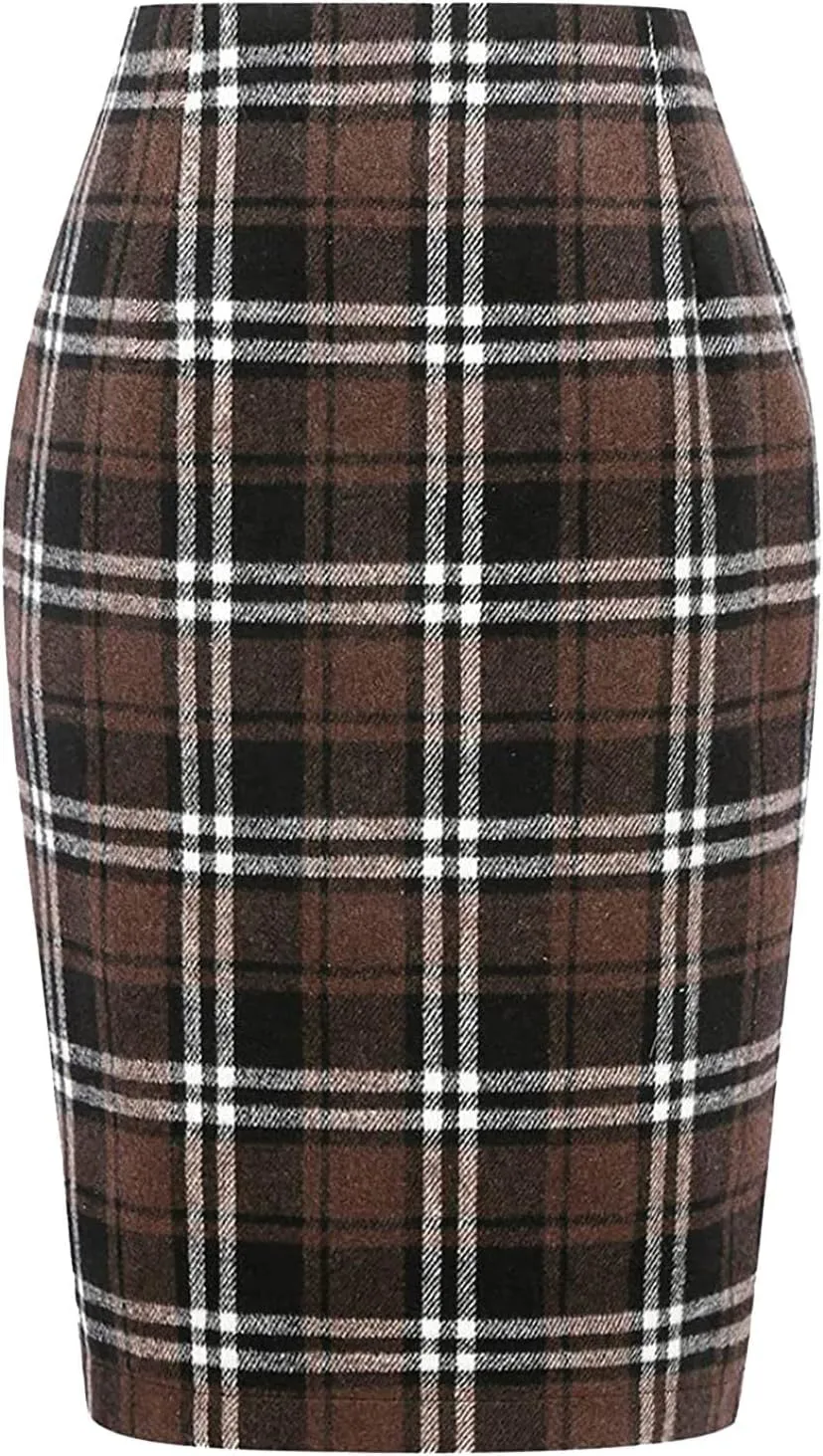 Skirt for Women Pencil Plaid Skirts Fall Winter High Waisted Bodycon Knee Length Wool Midi Skirt