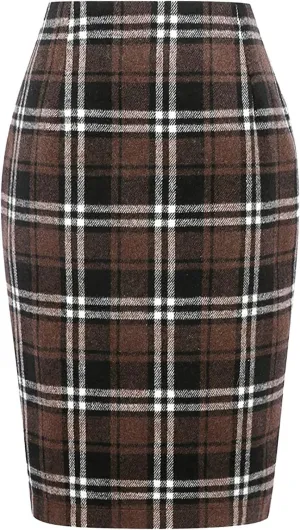 Skirt for Women Pencil Plaid Skirts Fall Winter High Waisted Bodycon Knee Length Wool Midi Skirt