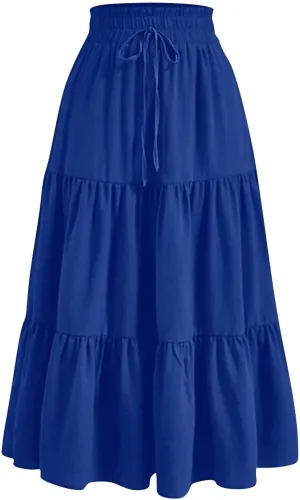 Skirts for Women Summer Boho Maxi Skirt Flowy Ruffle Tiered Elastic High Waist Smocked Dresses Beach Casual Dress