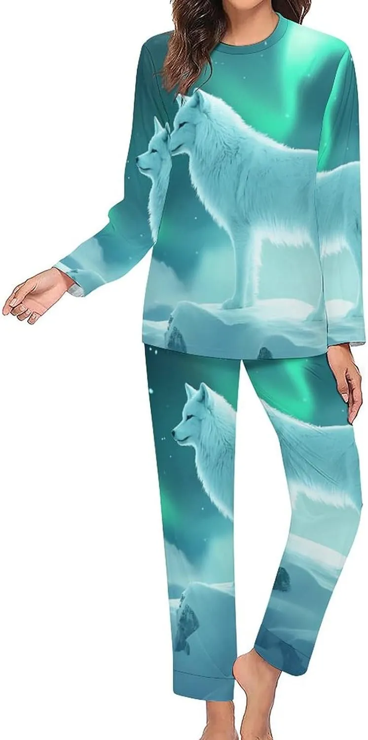 Snow Wolf with Aurora Borealis Pajama Sets for Women 2 Piece Long Sleeve Top And Pants Soft Sleepwear Loungewear Set