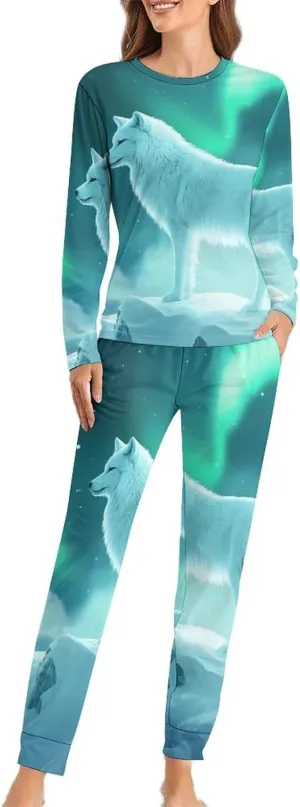 Snow Wolf with Aurora Borealis Pajama Sets for Women 2 Piece Long Sleeve Top And Pants Soft Sleepwear Loungewear Set