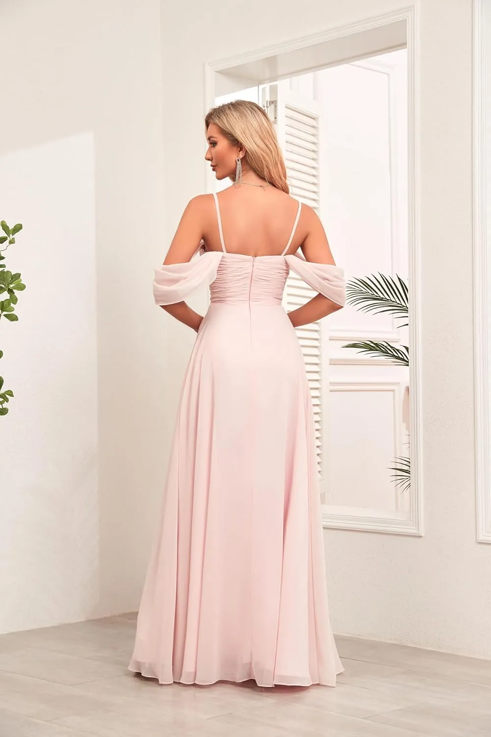 Spaghetti Strap Chiffon Bridesmaid Dresses for Wedding Women's V-Neck Off Shoulder Formal Dresses