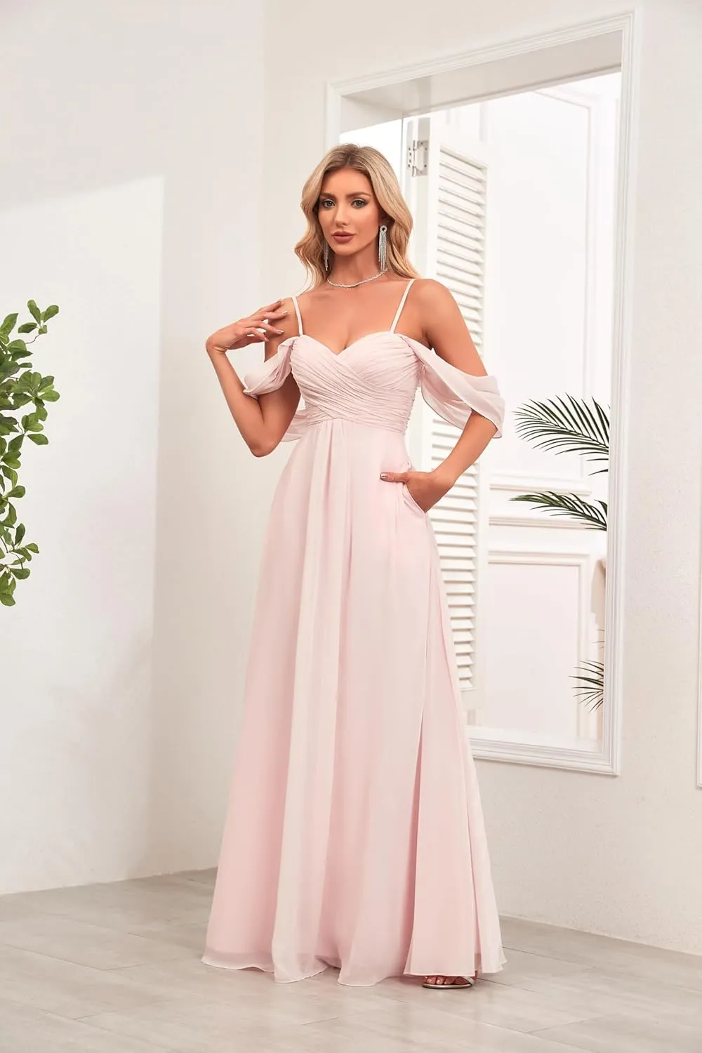 Spaghetti Strap Chiffon Bridesmaid Dresses for Wedding Women's V-Neck Off Shoulder Formal Dresses