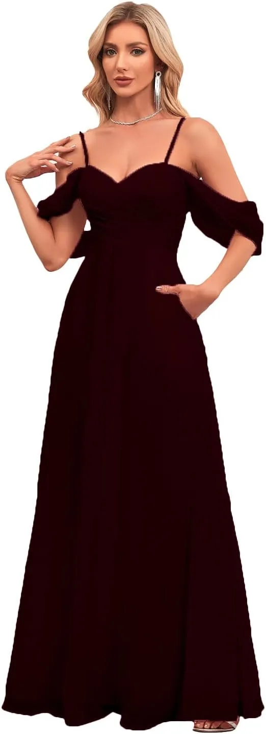 Spaghetti Strap Chiffon Bridesmaid Dresses for Wedding Women's V-Neck Off Shoulder Formal Dresses
