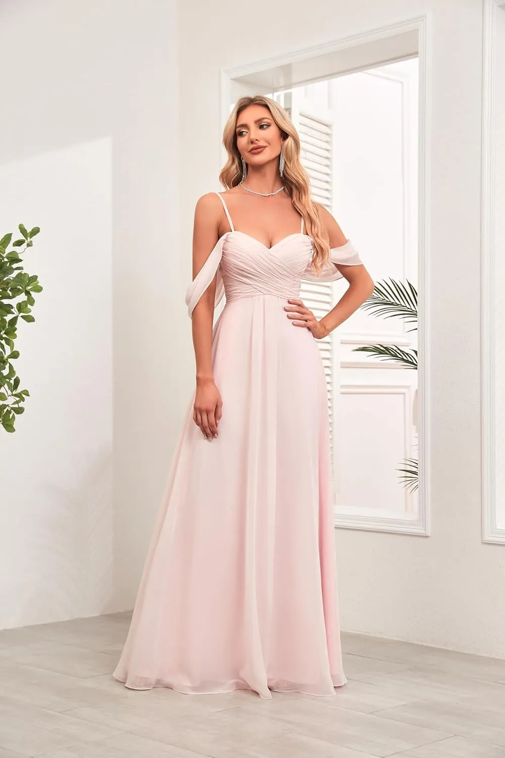 Spaghetti Strap Chiffon Bridesmaid Dresses for Wedding Women's V-Neck Off Shoulder Formal Dresses