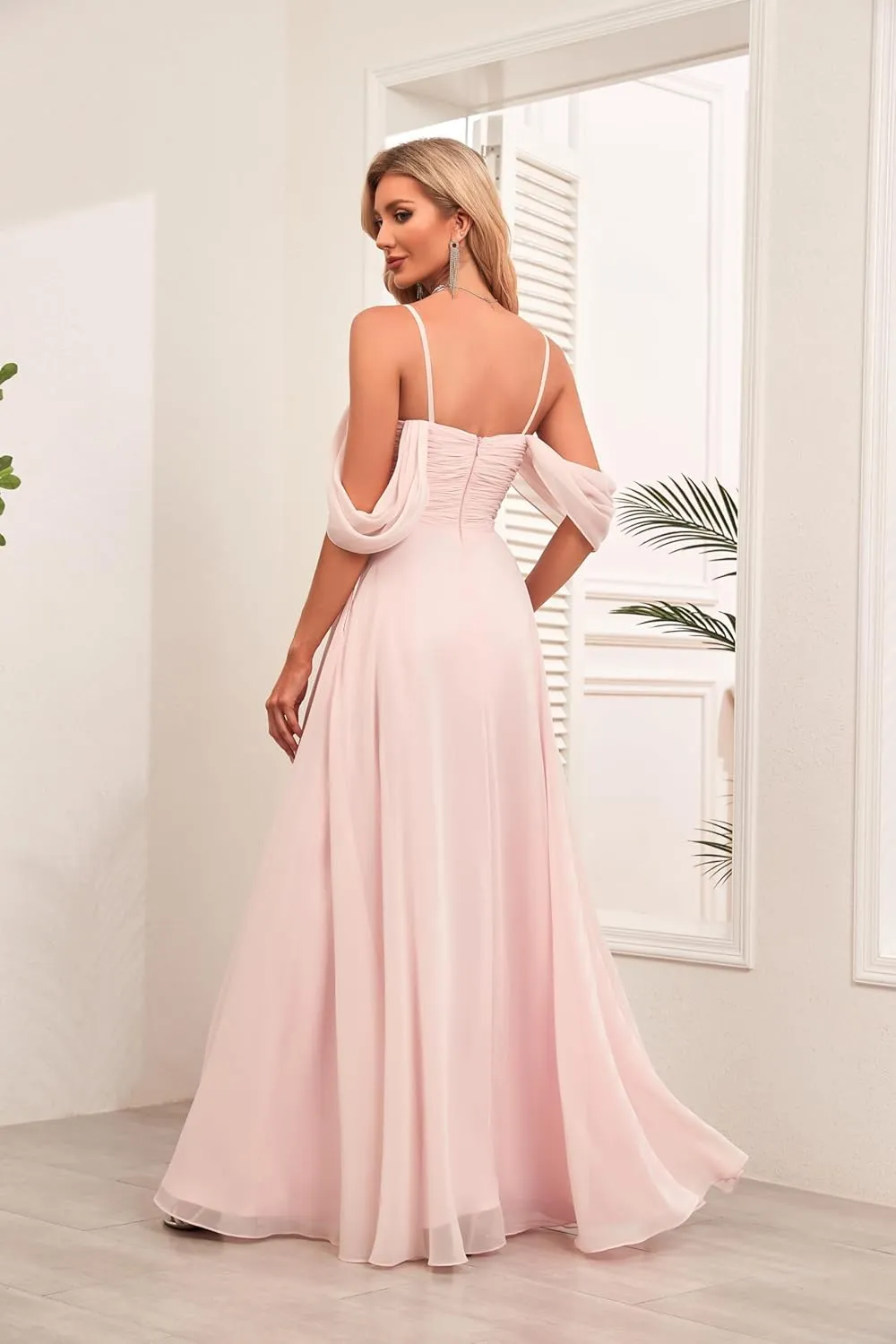 Spaghetti Strap Chiffon Bridesmaid Dresses for Wedding Women's V-Neck Off Shoulder Formal Dresses