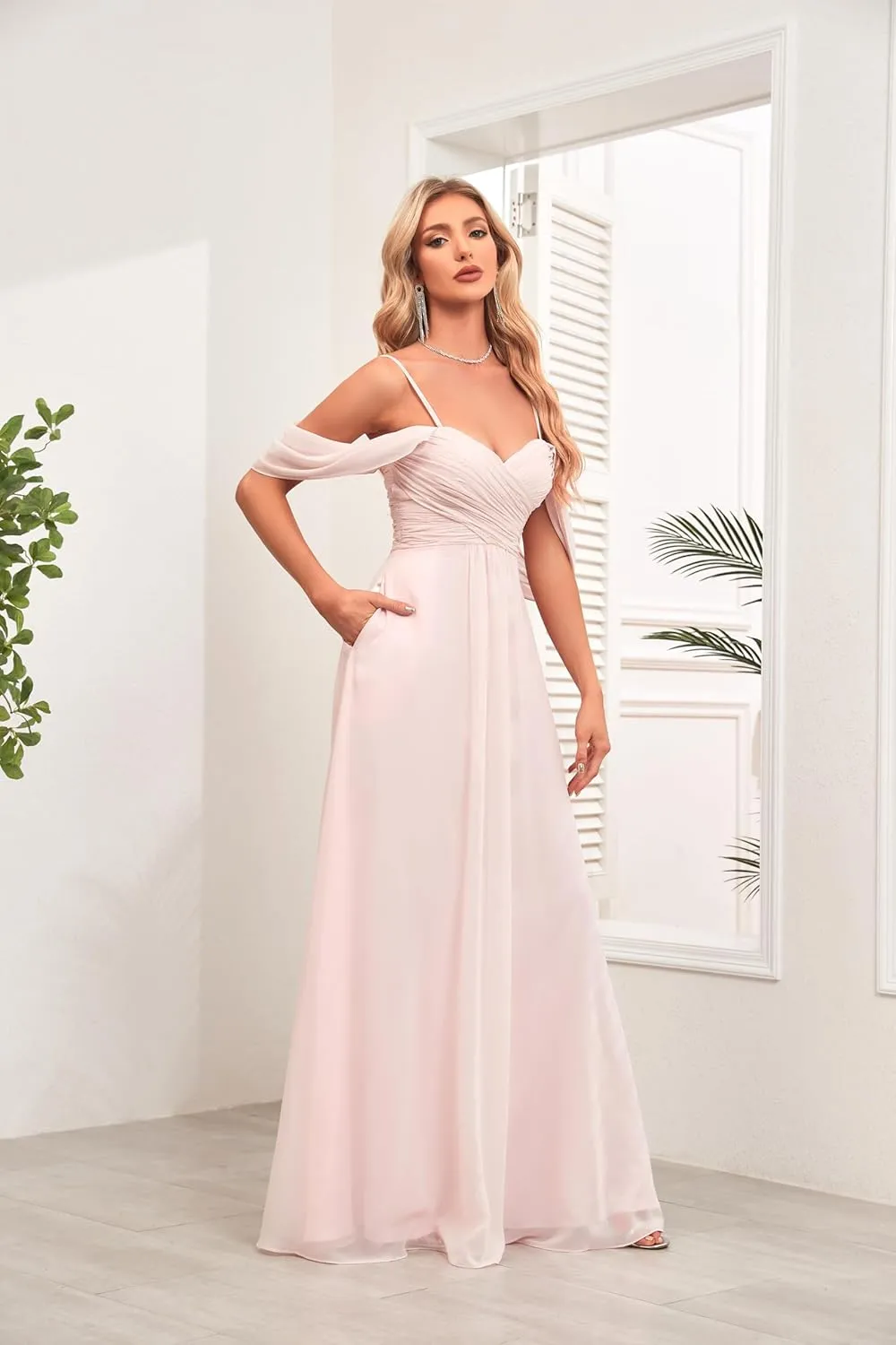 Spaghetti Strap Chiffon Bridesmaid Dresses for Wedding Women's V-Neck Off Shoulder Formal Dresses