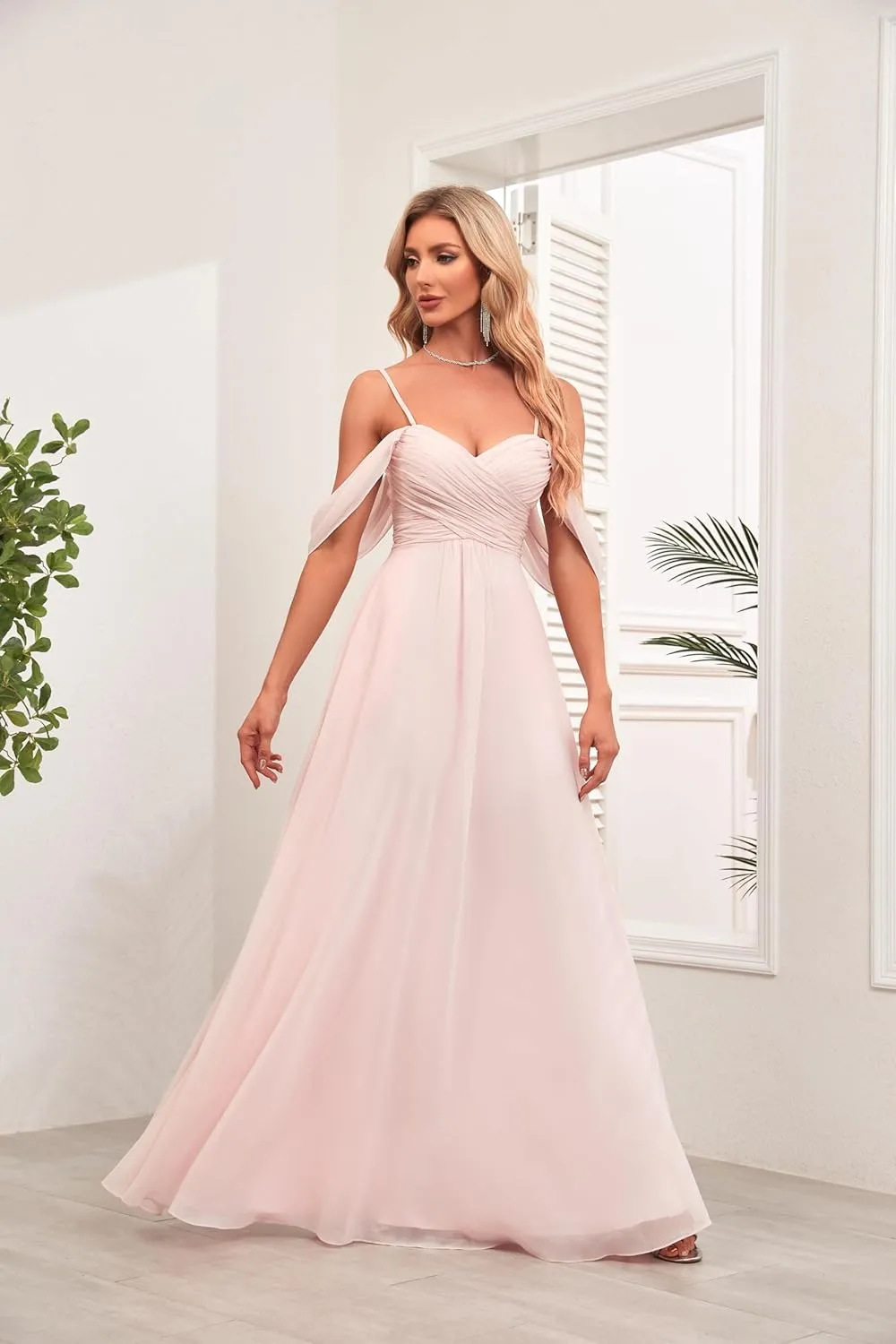 Spaghetti Strap Chiffon Bridesmaid Dresses for Wedding Women's V-Neck Off Shoulder Formal Dresses