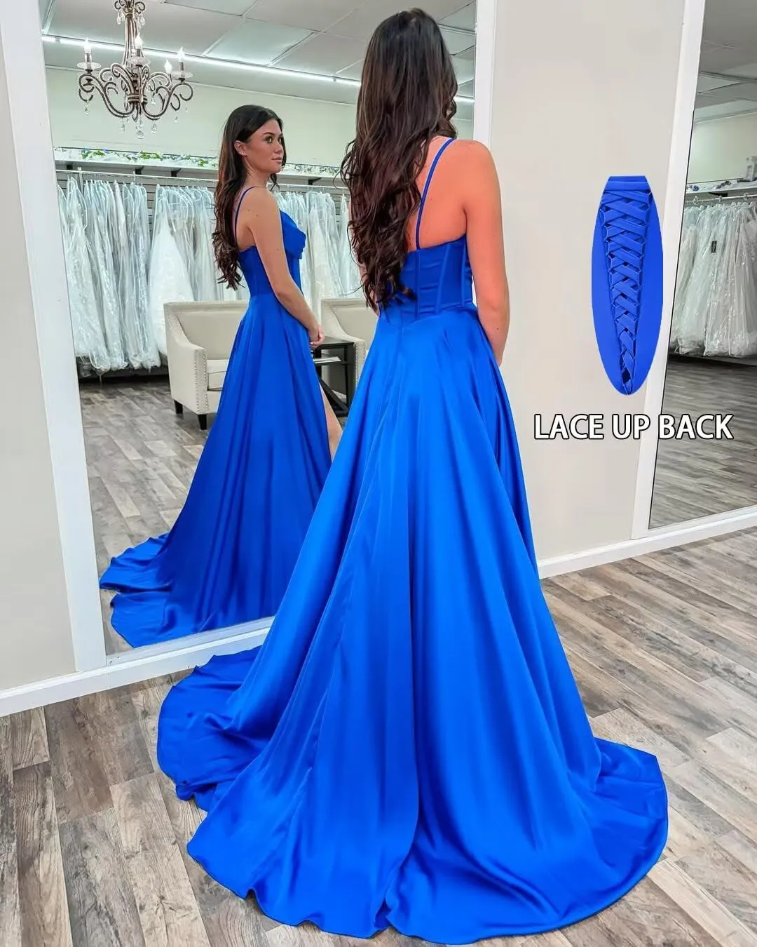 Spaghetti Straps Prom Dresses for Women with Slit Pockets Pleated A-Line Satin Corset Formal Party Gown