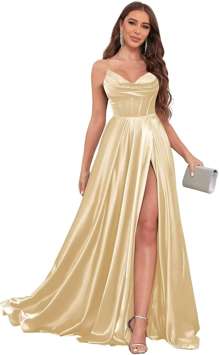 Spaghetti Straps Prom Dresses for Women with Slit Pockets Pleated A-Line Satin Corset Formal Party Gown